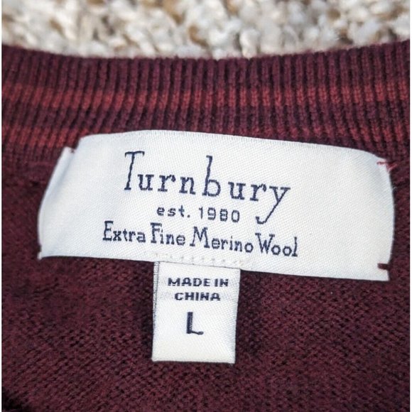 Turnbury Sweater Men's Large Extra Fine Merino Wool Checkered Burgundy Crew Neck - Picture 3 of 4